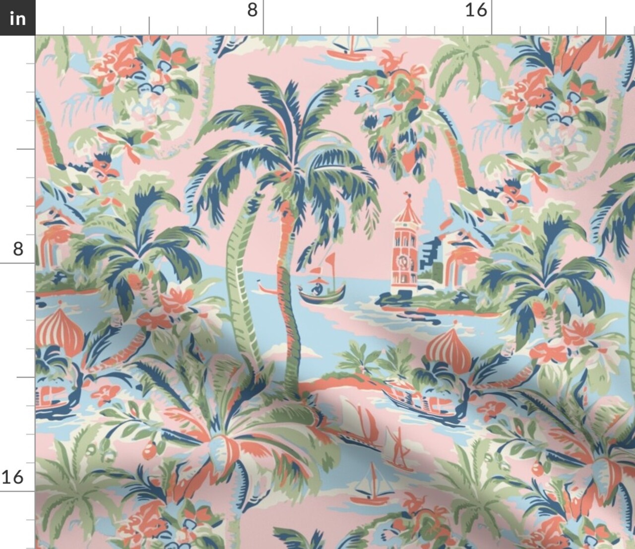 Grandmillennial Whimsical Tropical Toile Palm Tree Coastal Maximalist Boats Seaside Custom Printed Fabric by Spoonflower Various Fabrics by the Yard or Fat Quarter
